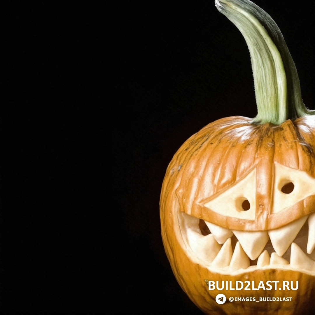 Гигантская тыква с монструозными глазами и рогами, стоящая на заброшенном поле