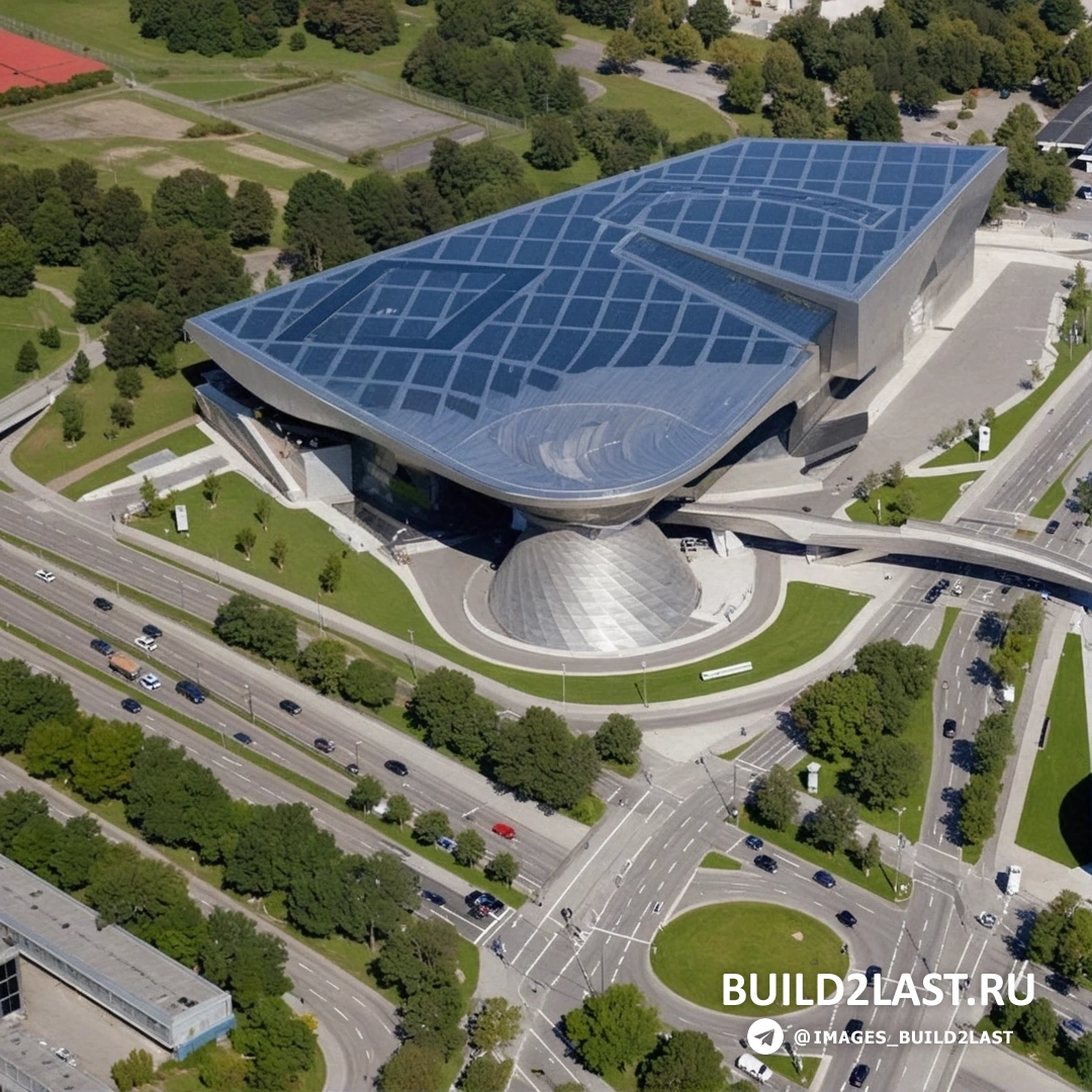 Интерьер торгового зала BMW Welt в Мюнхене с деконструктивистским освещением и панорамным остеклением
